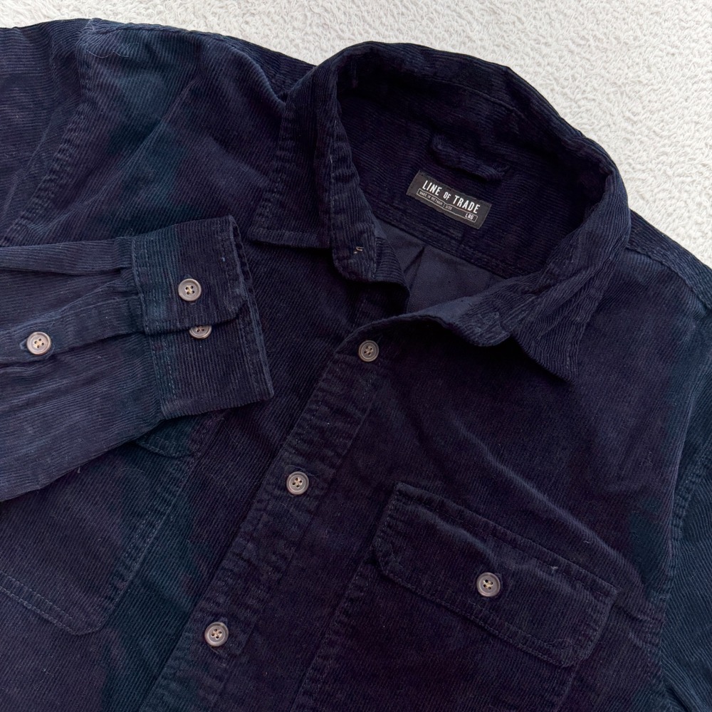 Line of Trade Mens Navy Blue Corduroy Button Down Shirt Elbow Patches Large